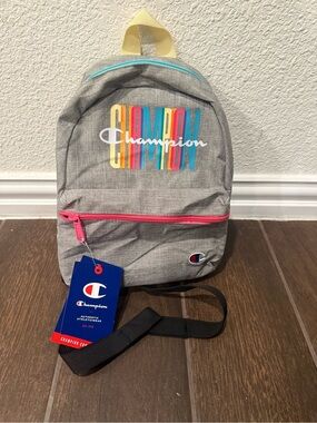 Champion Gray Mini Backpack with Multicolor Logo and Pink Accent